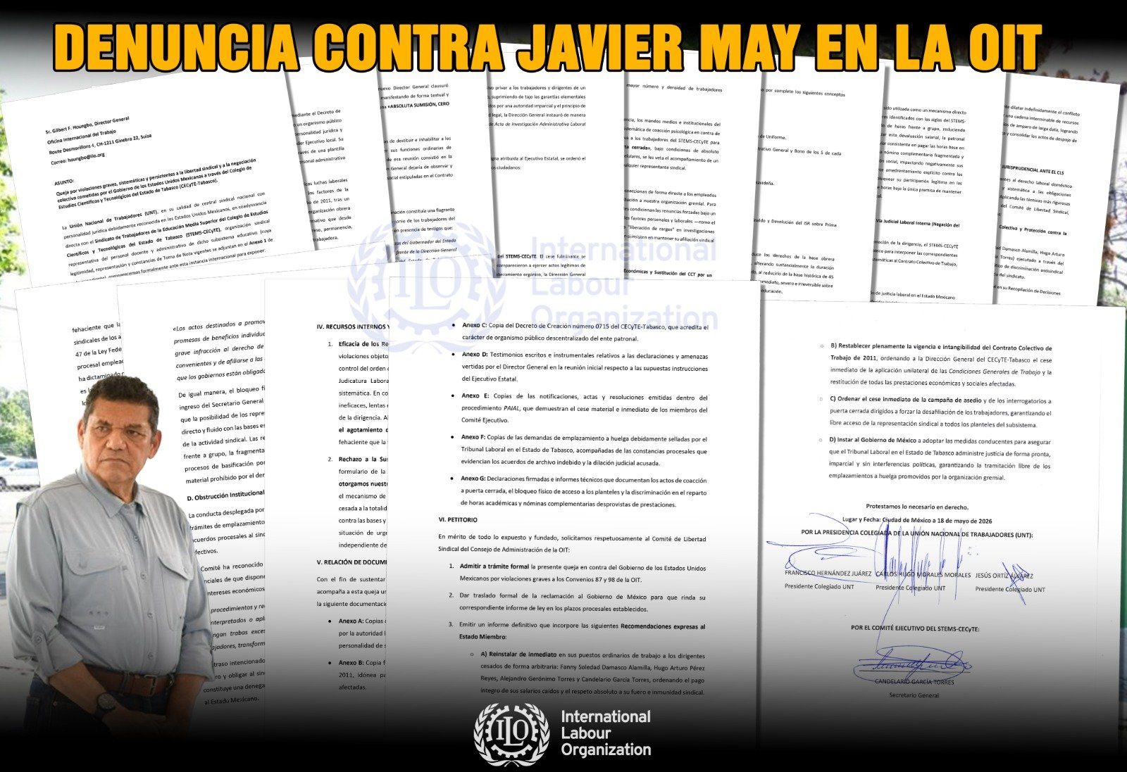 Llega a la Organización Internacional de Trabajo queja de sindicato tabasqueño contra el gobernador morenista Javier May