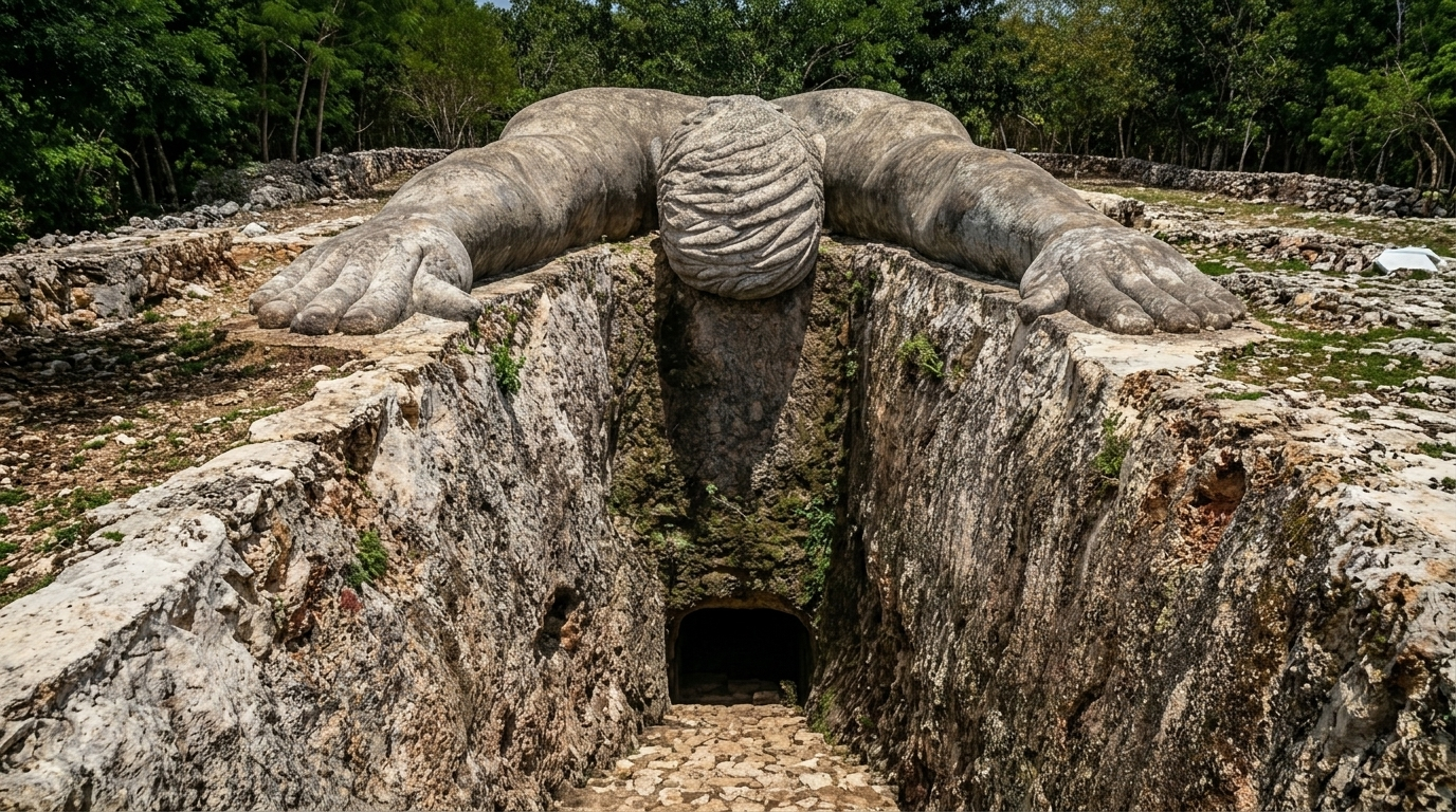 Un cenote resguardado por un gigante de piedra