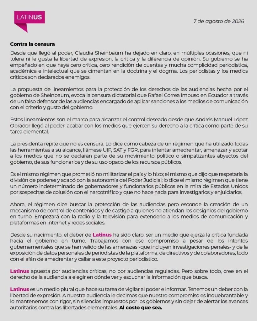 “Contra la censura, al costo que sea”, Sheinbaum quiere cero crítica: Latinus