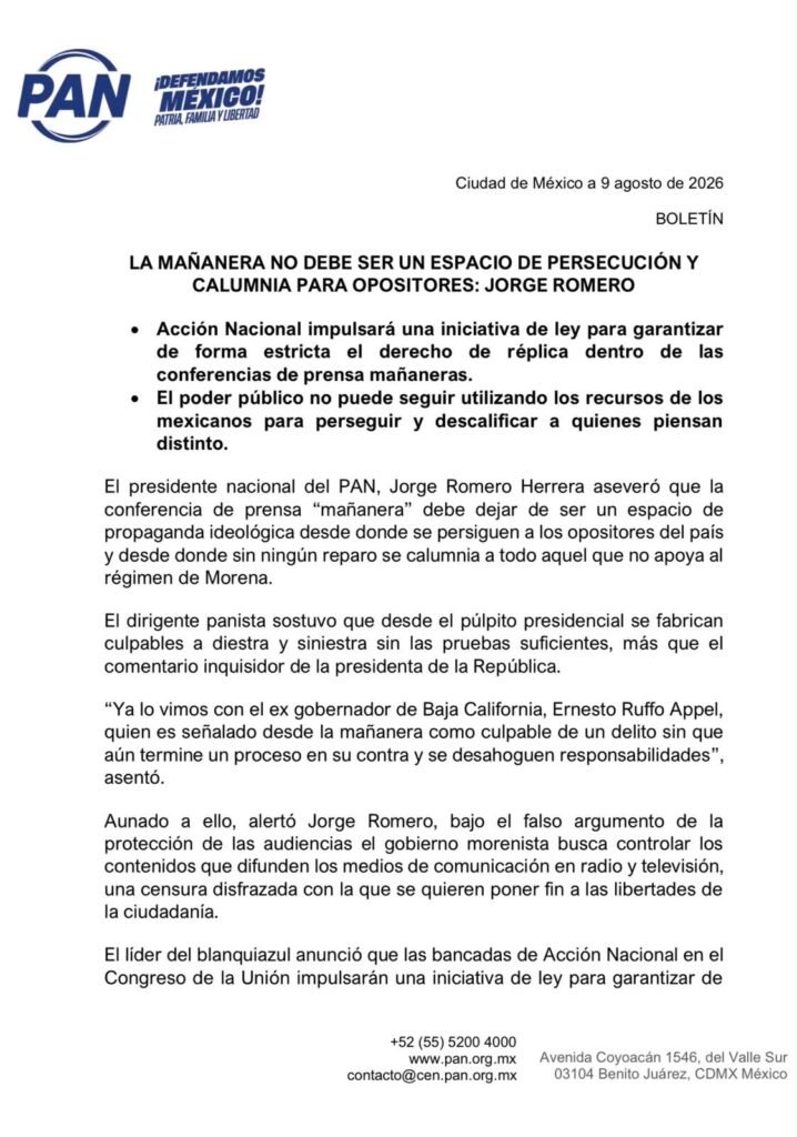 El  PAN va por regular la mañanera con derecho de réplica: es un espacio de propaganda, afirma; Morena enfurece