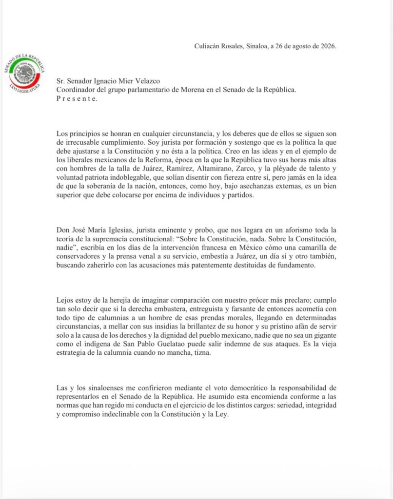 Tras la caída definitiva de Rocha, Inzunza se separa de la bancada de Morena