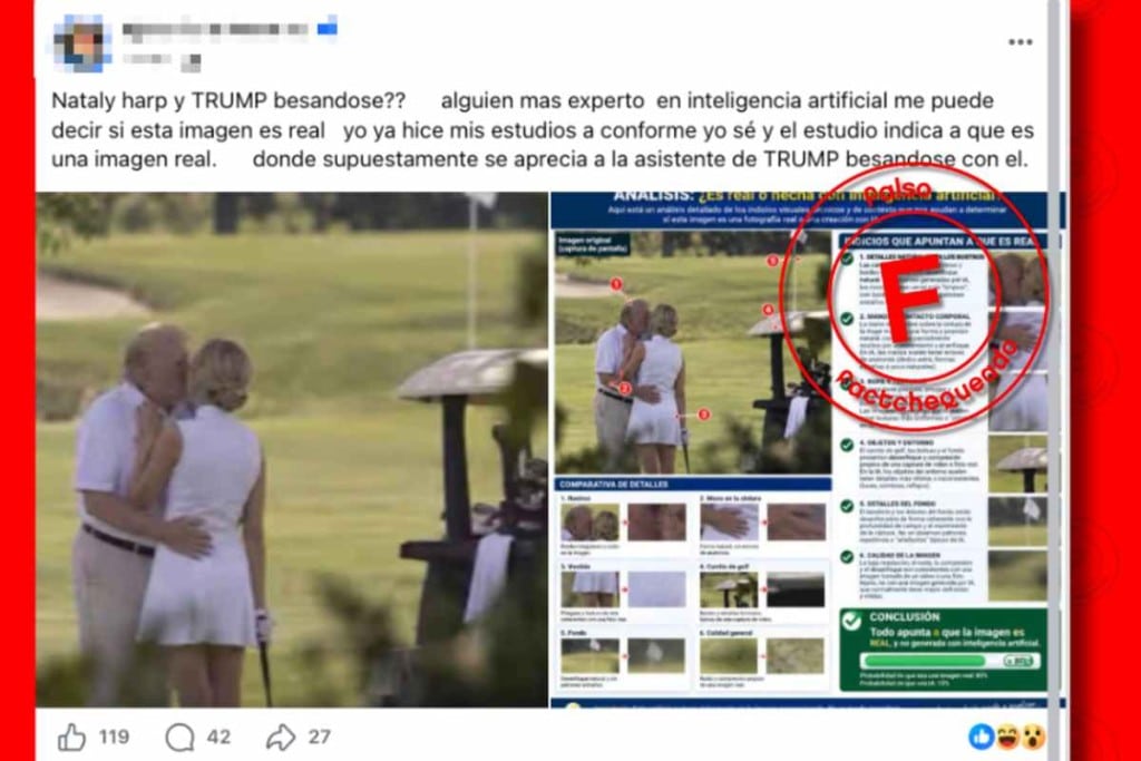 No, esta imagen de Donald Trump besando a su asistente no es real; fue creada con IA